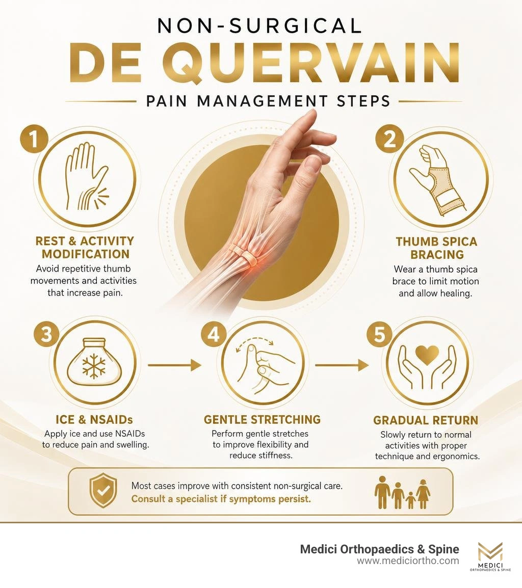 infographic showing non-surgical de quervain pain management steps in Medici gold gradient brand colors infographic infographic showing non-surgical de quervain pain management steps in Medici gold gradient brand colors infographic