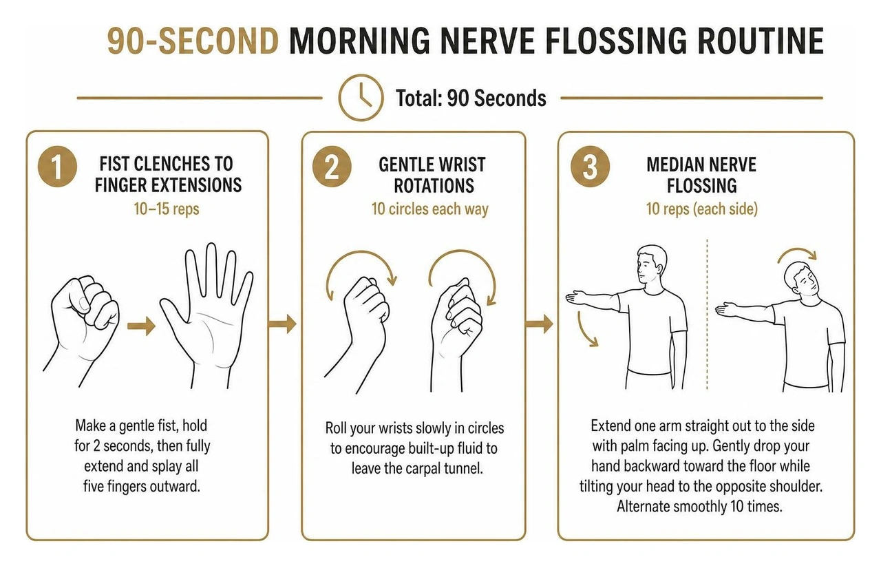 step-by-step diagram of 90-second morning nerve flossing routine step-by-step diagram of 90-second morning nerve flossing routine