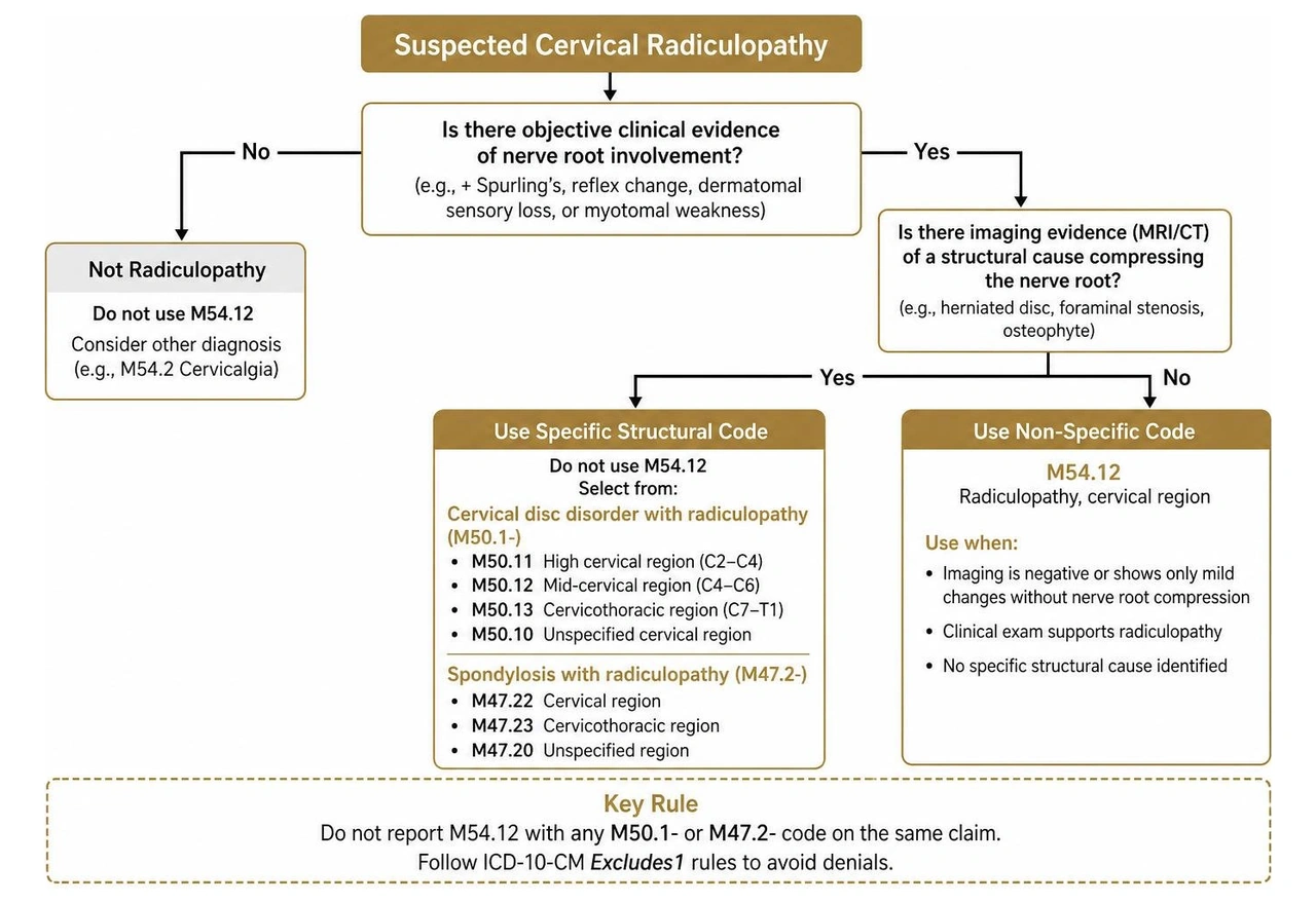 Decision tree diagram for selecting cervical radiculopathy ICD-10 codes