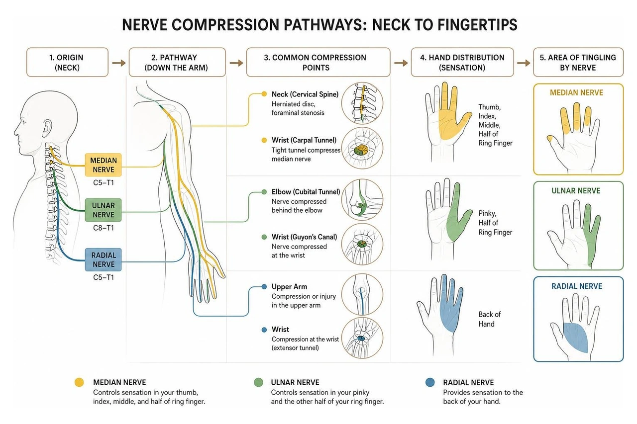 Diagram showing nerve compression pathways from neck to fingertips Diagram showing nerve compression pathways from neck to fingertips