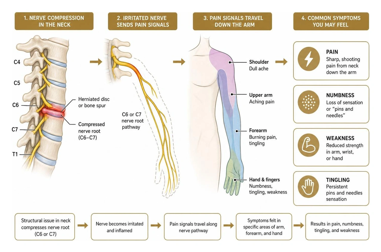 Diagram of cervical spine nerve compression and symptom pathway down the arm Diagram of cervical spine nerve compression and symptom pathway down the arm