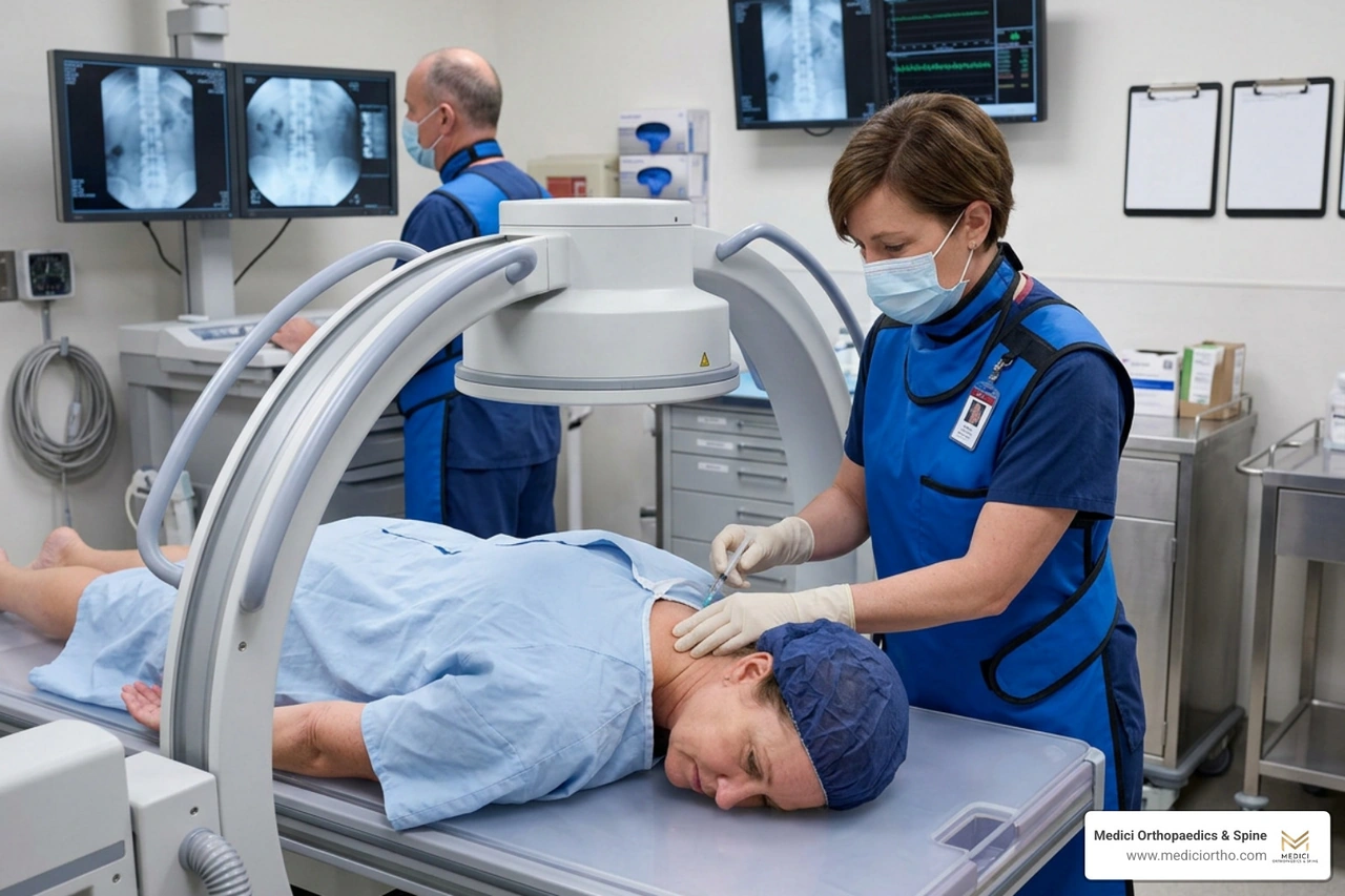 Patient receiving a cervical epidural steroid injection under fluoroscopic guidance Patient receiving a cervical epidural steroid injection under fluoroscopic guidance