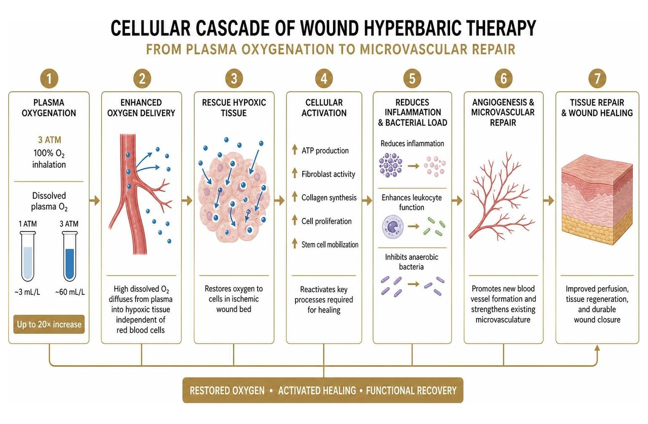 Cellular cascade of wound hyperbaric therapy from plasma oxygenation to microvascular repair Cellular cascade of wound hyperbaric therapy from plasma oxygenation to microvascular repair
