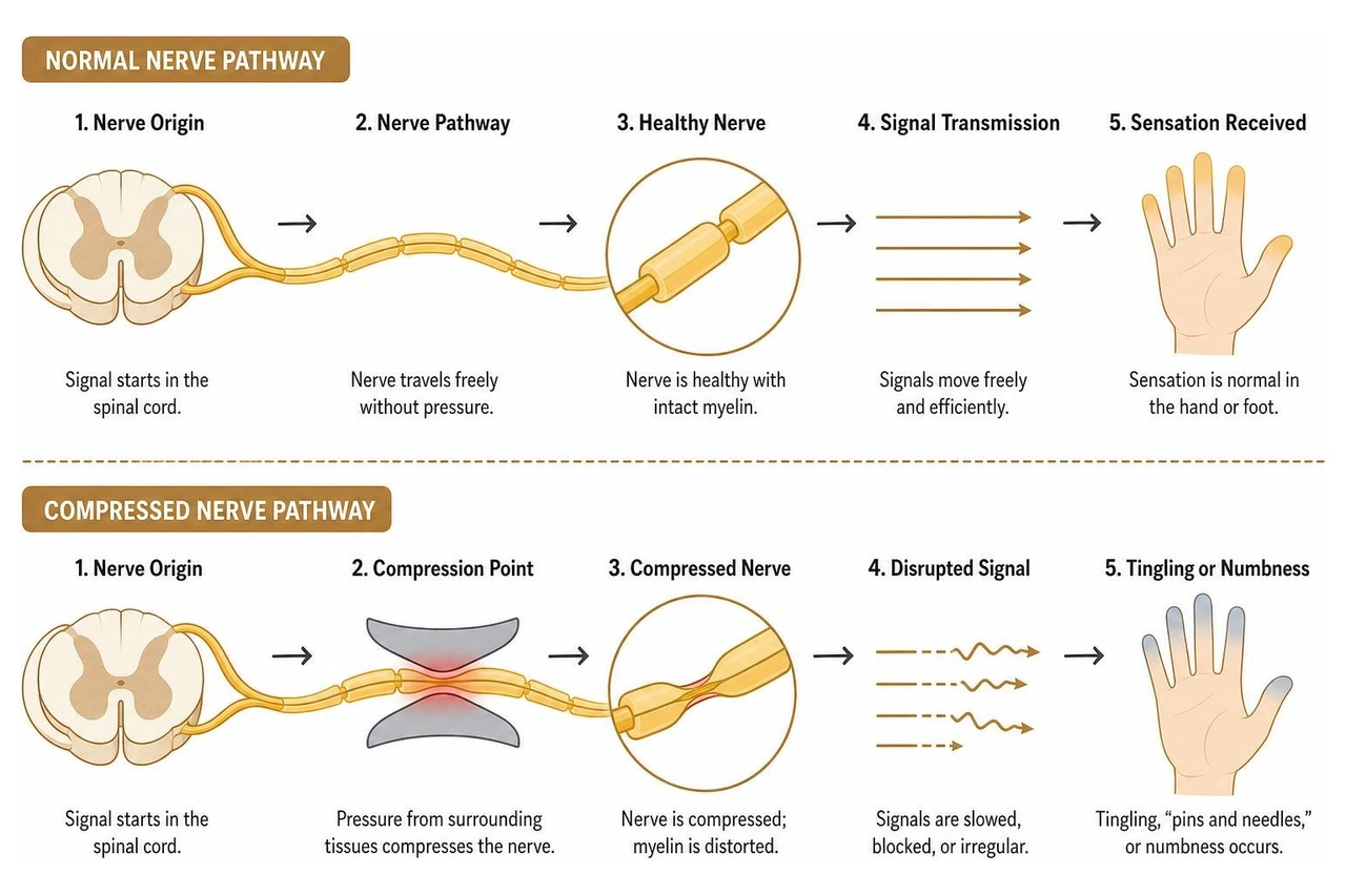 Diagram showing difference between normal nerve pathway and compressed nerve pathway
