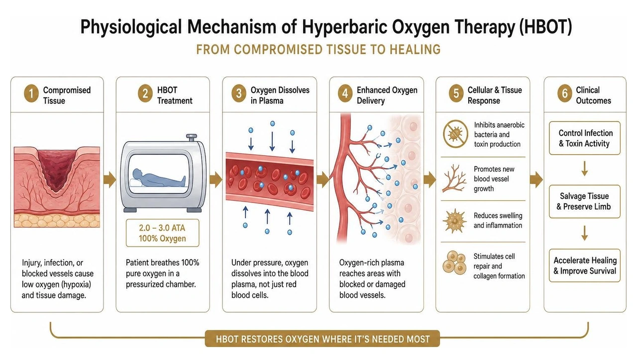 Diagram illustrating the physiological mechanism of hyperbaric oxygen therapy on compromised tissue Diagram illustrating the physiological mechanism of hyperbaric oxygen therapy on compromised tissue