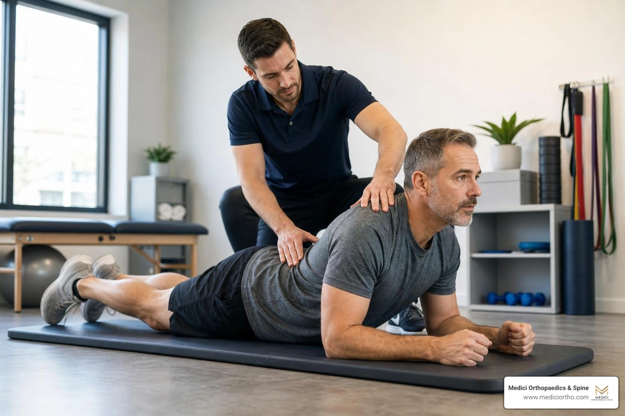 physical therapist guiding patient through lower back exercises physical therapist guiding patient through lower back exercises
