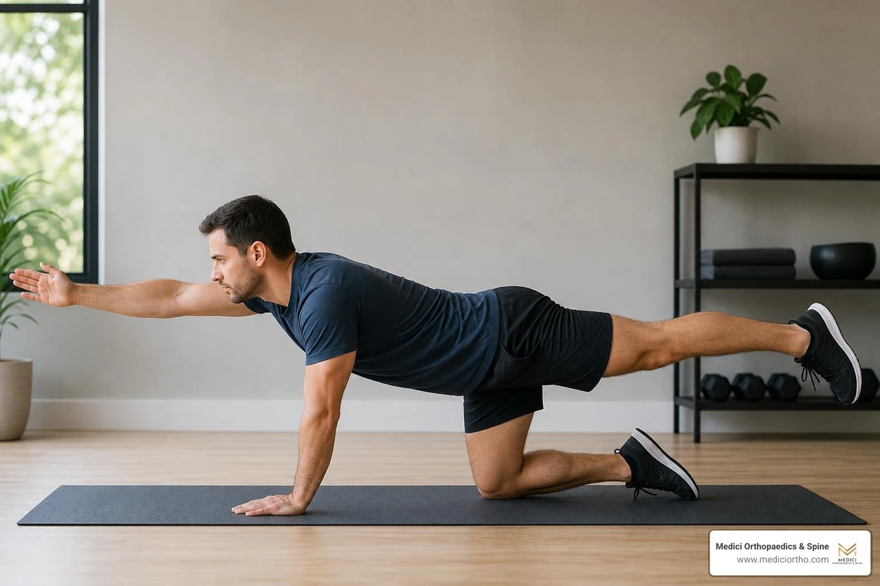 patient performing bird-dog exercise for core stabilization patient performing bird-dog exercise for core stabilization