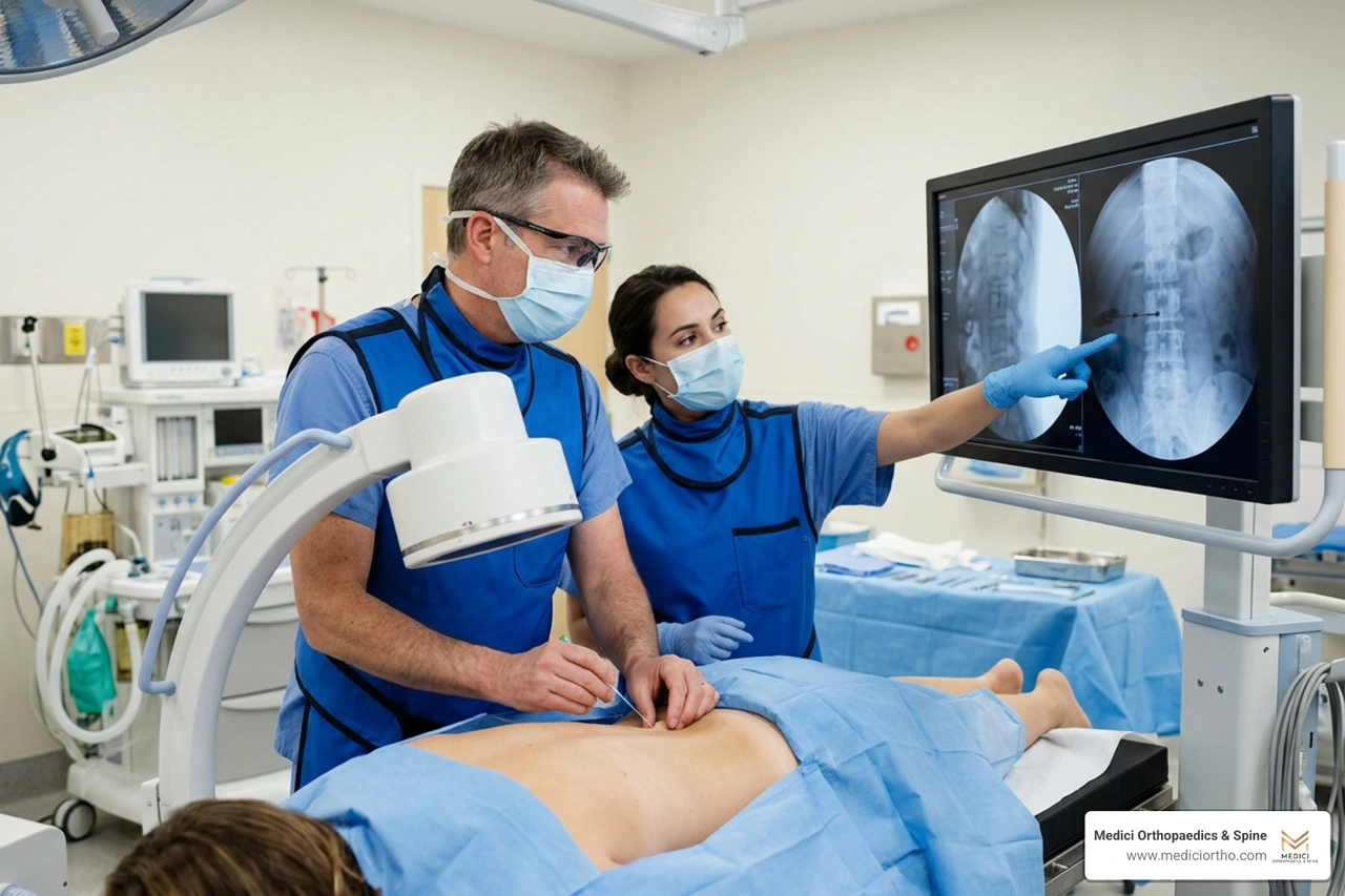 Doctor performing a highly precise, fluoroscopy-guided injection in an outpatient setting