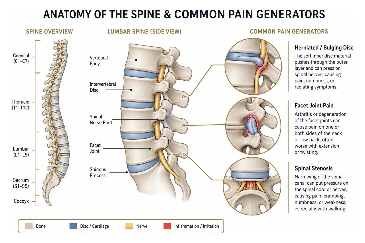 Diagram showing the anatomy of the spine and common pain generators like discs and facet joints
