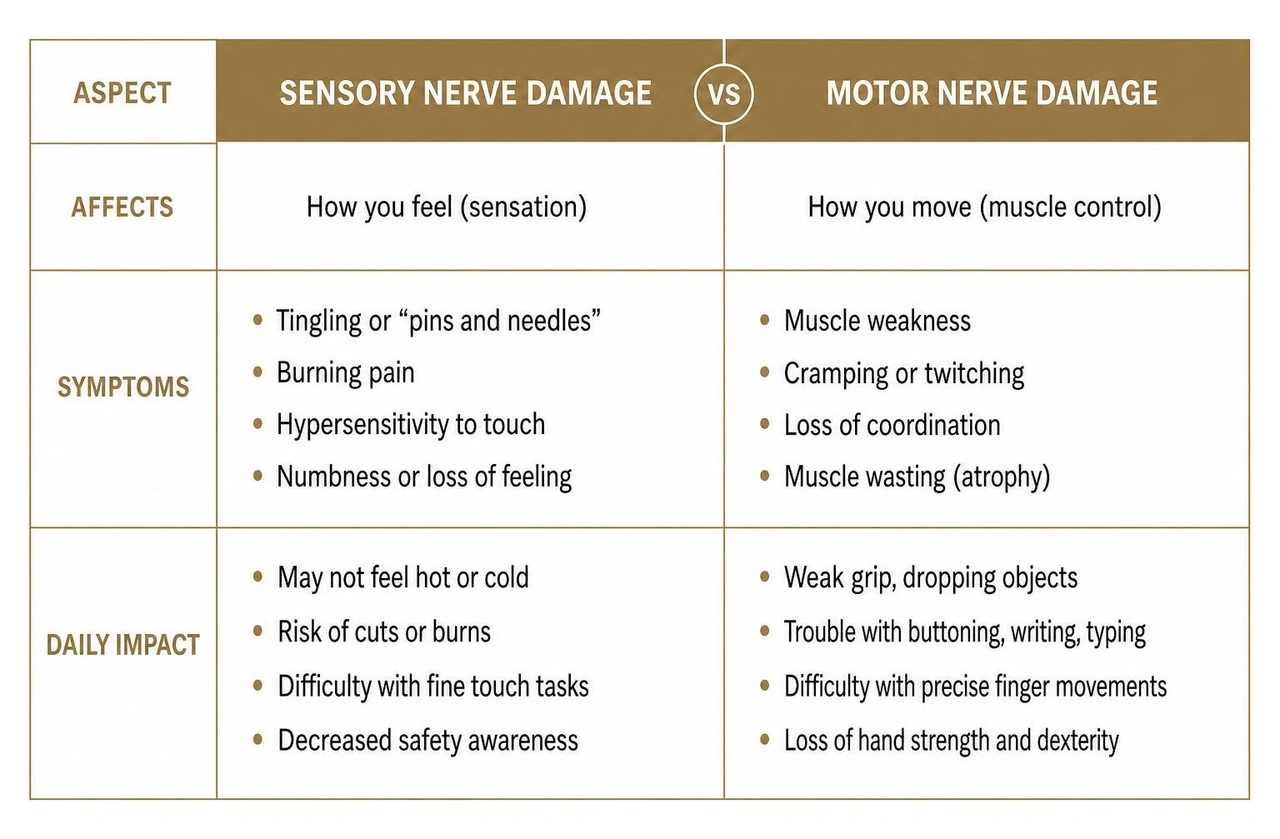 Comparison of sensory versus motor nerve damage symptoms and daily impact Comparison of sensory versus motor nerve damage symptoms and daily impact