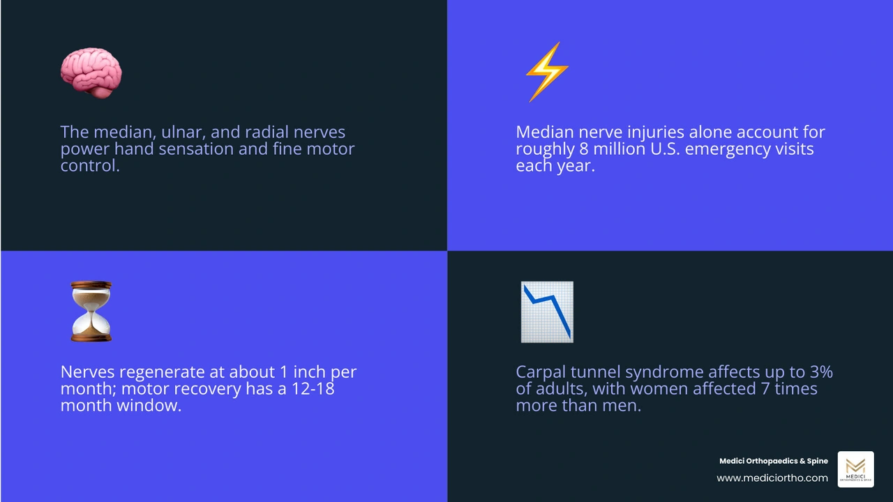 Infographic showing hand nerve pain treatment options and finger coordination loss causes with median ulnar radial nerve Infographic showing hand nerve pain treatment options and finger coordination loss causes with median ulnar radial nerve