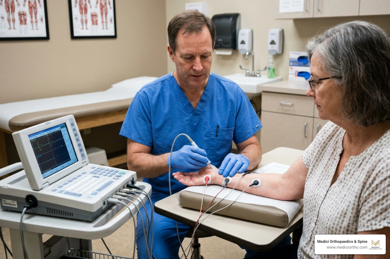 doctor performing an EMG test on a patient's hand doctor performing an EMG test on a patient's hand