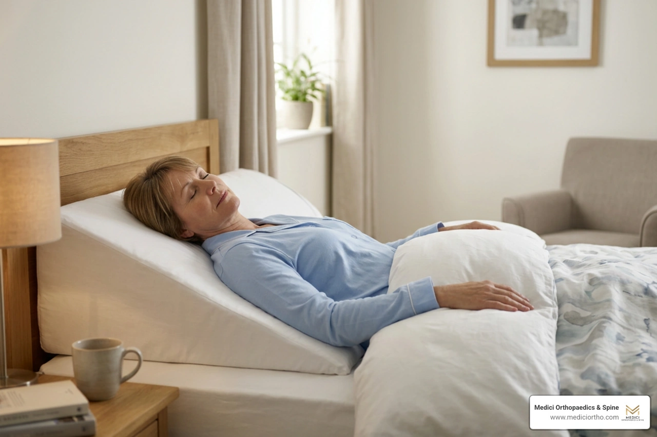 A person sleeping comfortably on a wedge pillow with arms supported by side pillows A person sleeping comfortably on a wedge pillow with arms supported by side pillows