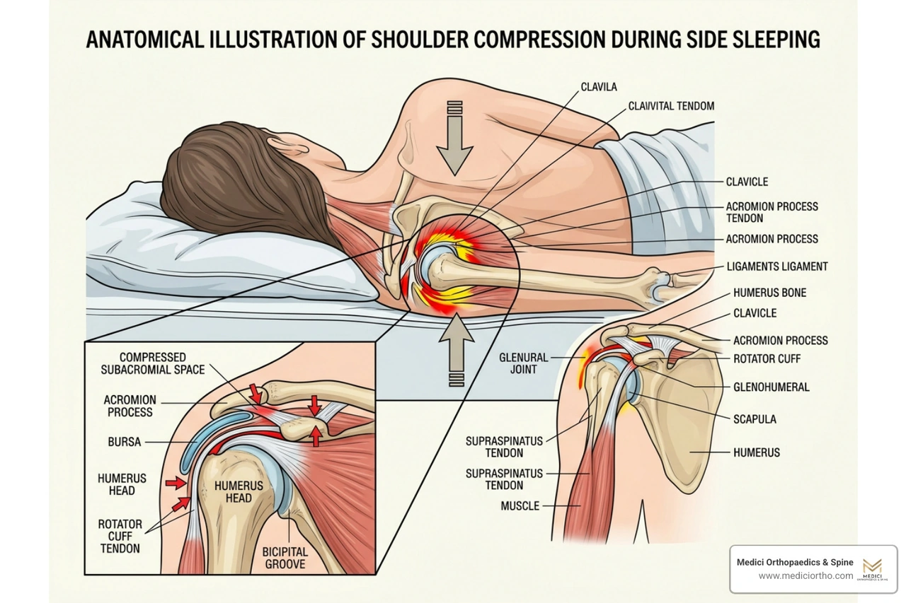 Anatomical illustration of shoulder compression during side sleeping Anatomical illustration of shoulder compression during side sleeping
