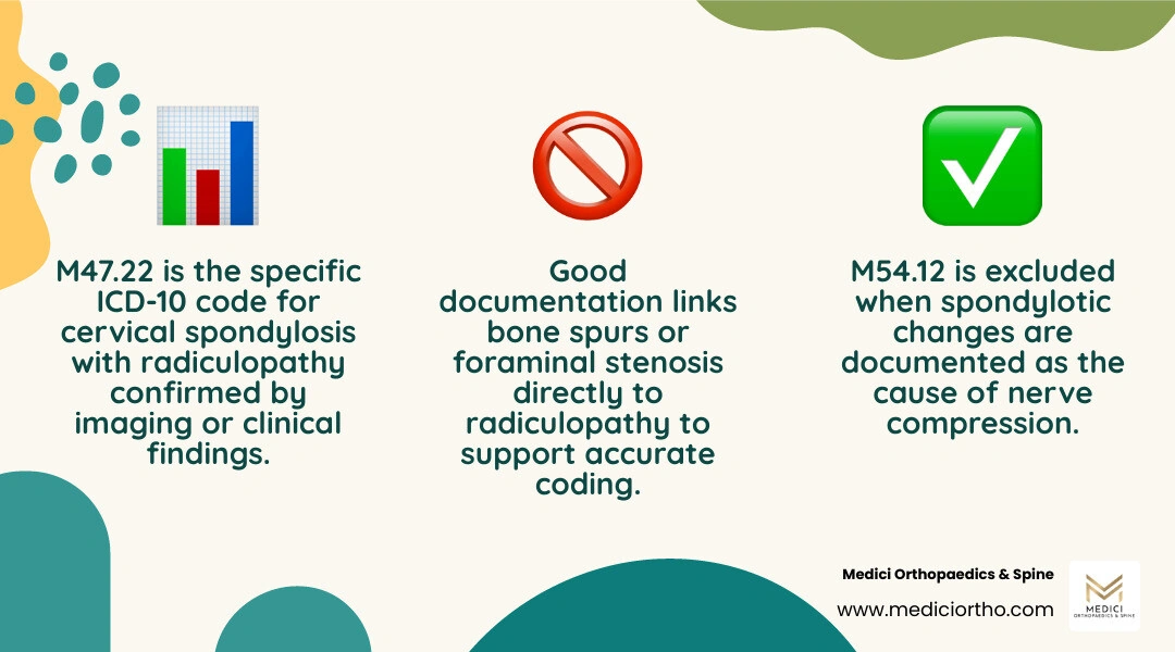 Infographic showing M47.22 vs M54.12 vs M50.10 code selection for cervical radiculopathy infographic