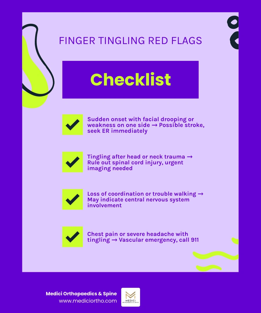 Infographic of finger tingling patterns, common causes, and emergency warning signs infographic Infographic of finger tingling patterns, common causes, and emergency warning signs infographic