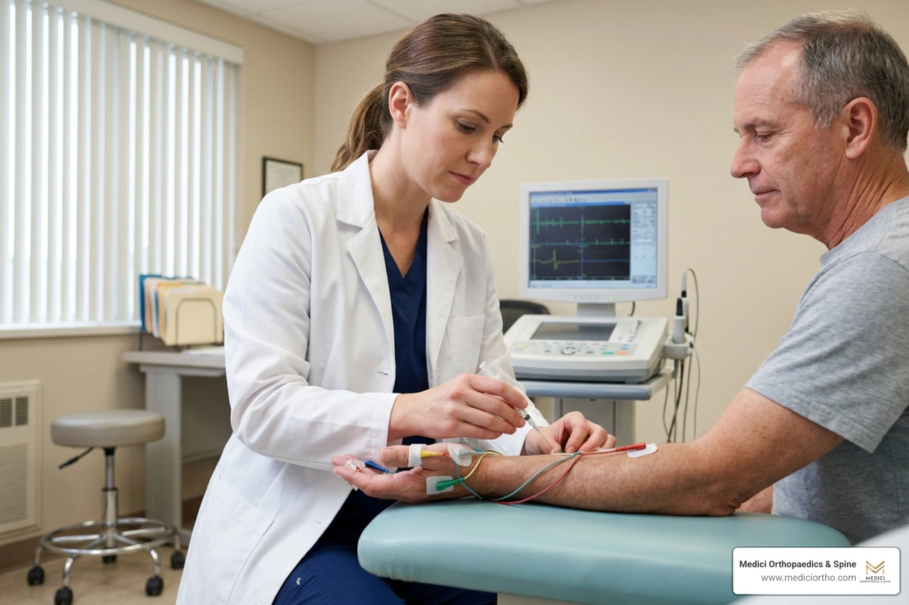 Physician conducting an electromyography exam on a patient hand Physician conducting an electromyography exam on a patient hand