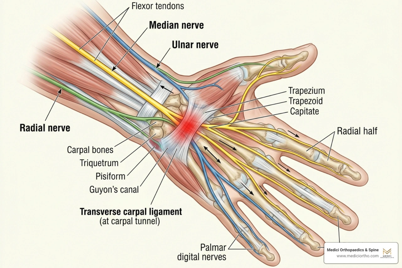 Nerve anatomy in the hand and wrist causing finger tingling Nerve anatomy in the hand and wrist causing finger tingling