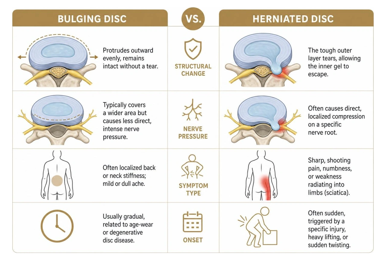 Comparison diagram of bulging disc versus herniated disc pathology Comparison diagram of bulging disc versus herniated disc pathology
