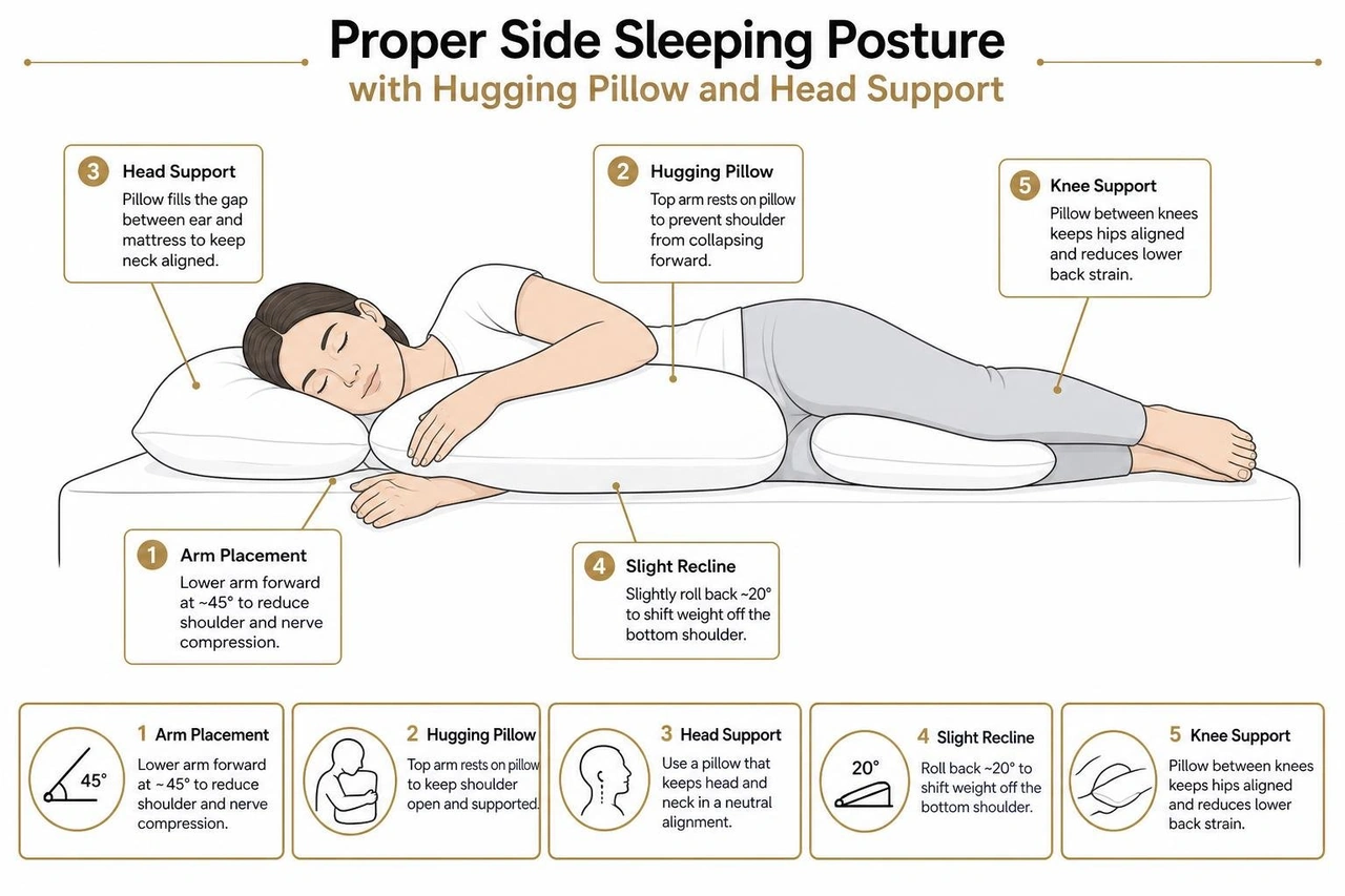 Diagram showing proper side sleeping posture with hugging pillow and head support