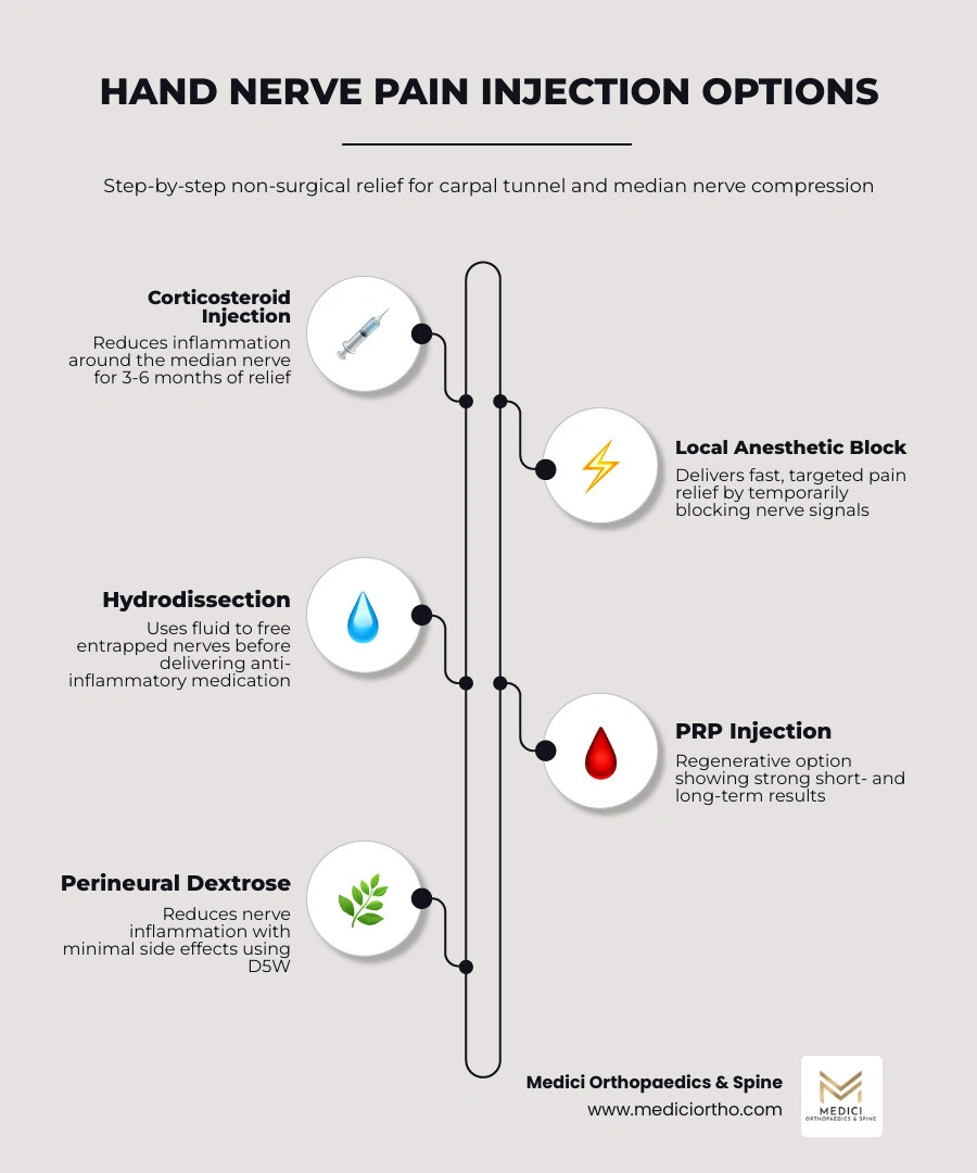 Hand nerve pain injection types, relief duration, and procedure overview infographic infographic