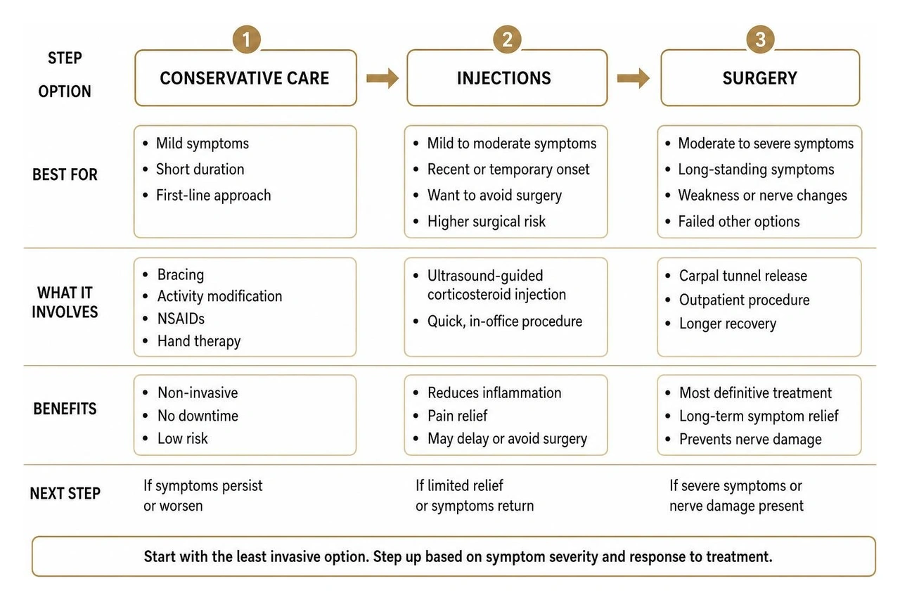 Decision diagram comparing conservative care, injections, and surgery