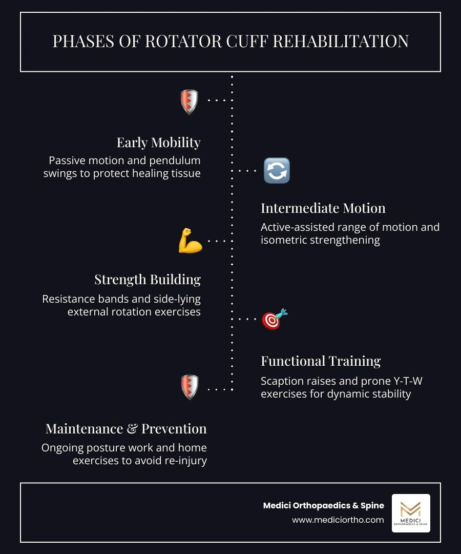 Phases of rotator cuff rehabilitation from early passive motion to advanced strengthening infographic Phases of rotator cuff rehabilitation from early passive motion to advanced strengthening infographic