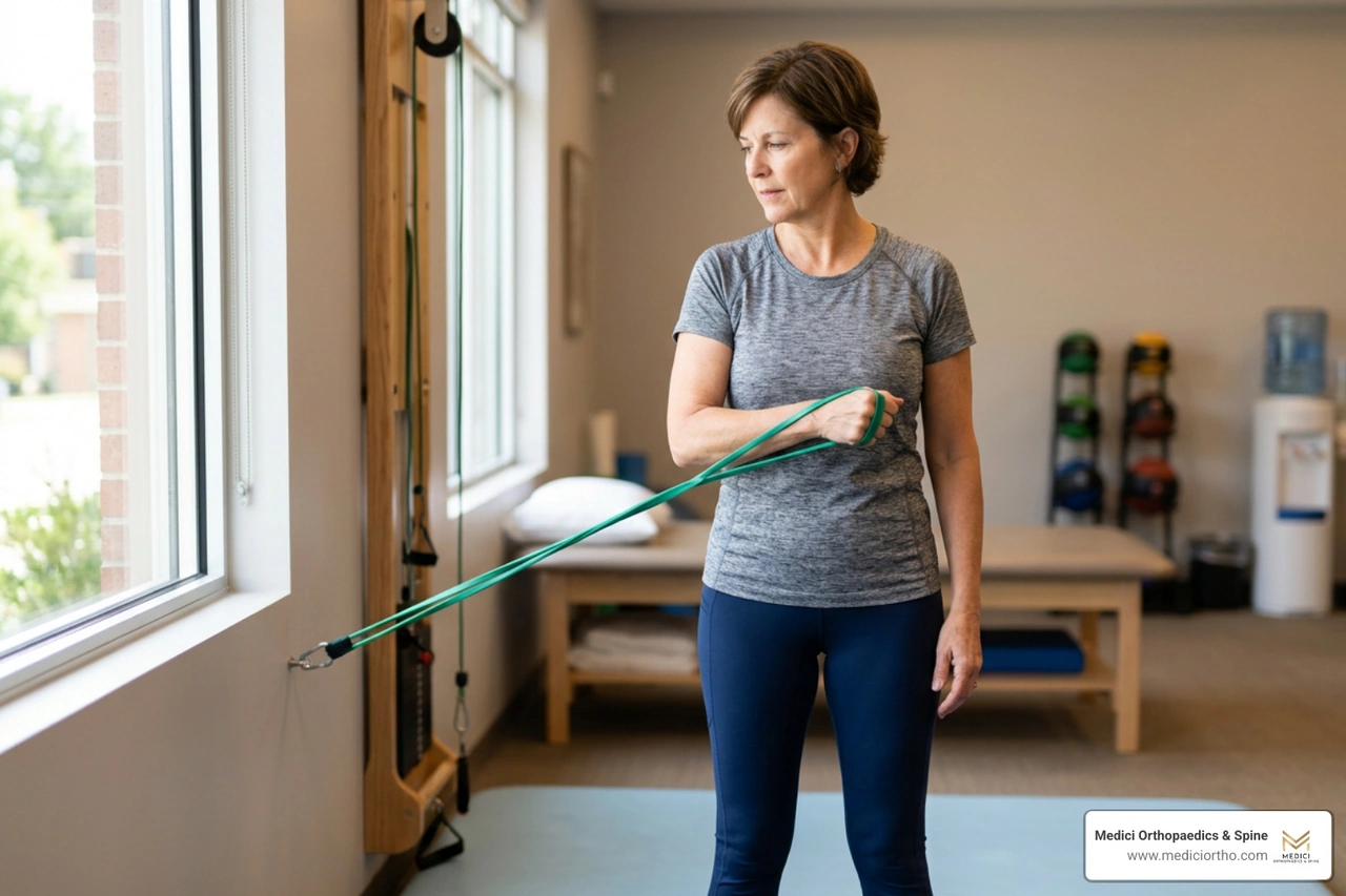 Patient performing resistance band external rotation Patient performing resistance band external rotation