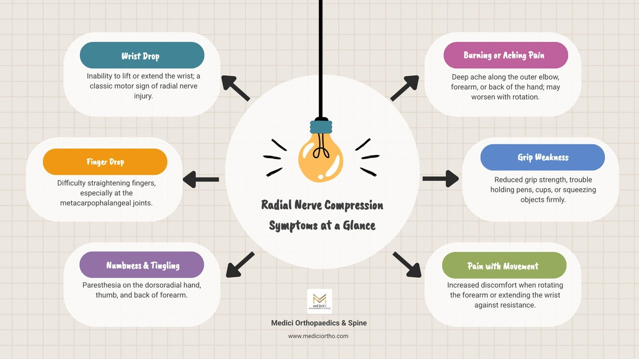 infographic showing radial nerve compression symptoms from wrist drop to sensory loss with severity levels infographic infographic showing radial nerve compression symptoms from wrist drop to sensory loss with severity levels infographic