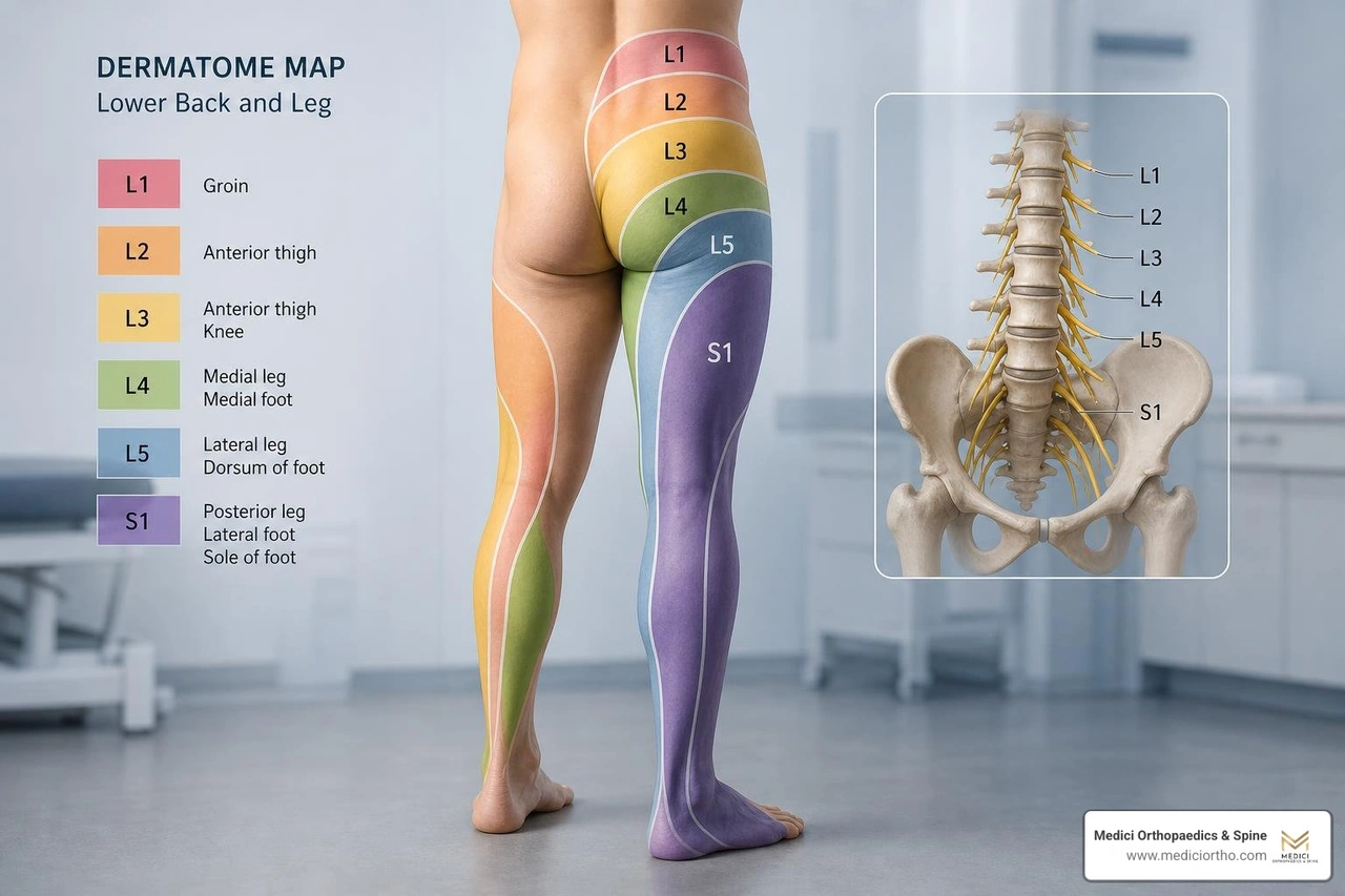 dermatome map showing nerve pathways from L1 to S1 down the leg dermatome map showing nerve pathways from L1 to S1 down the leg
