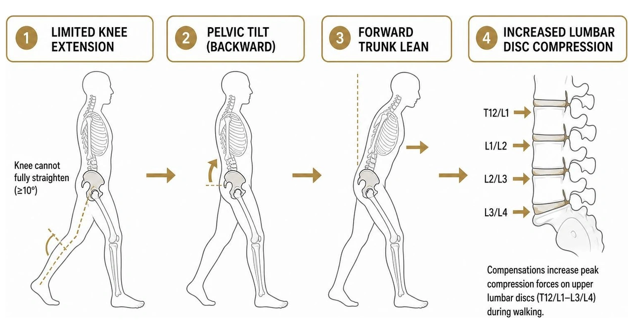 diagram showing how limited knee extension causes pelvic tilt, forward trunk lean, and increased lumbar disc compression diagram showing how limited knee extension causes pelvic tilt, forward trunk lean, and increased lumbar disc compression