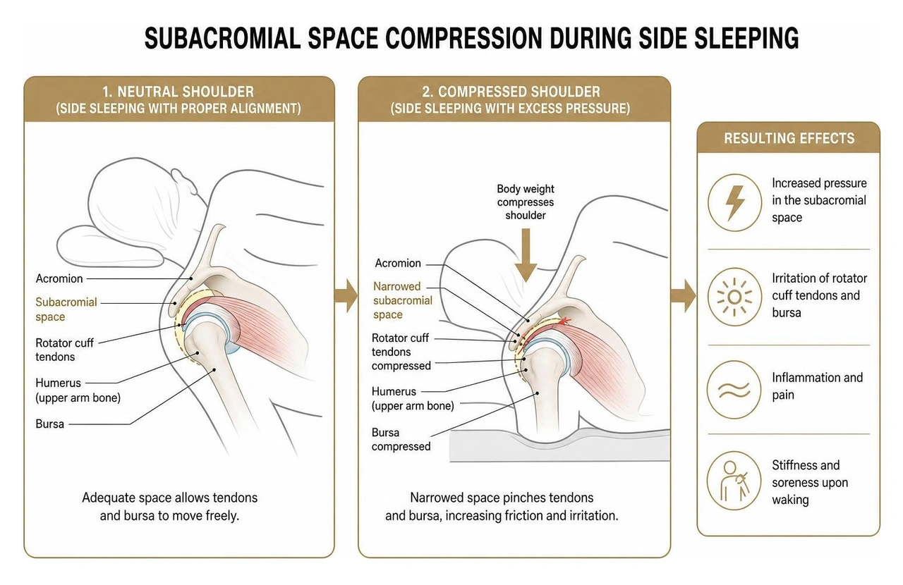 Diagram illustrating subacromial space compression during side sleeping Diagram illustrating subacromial space compression during side sleeping