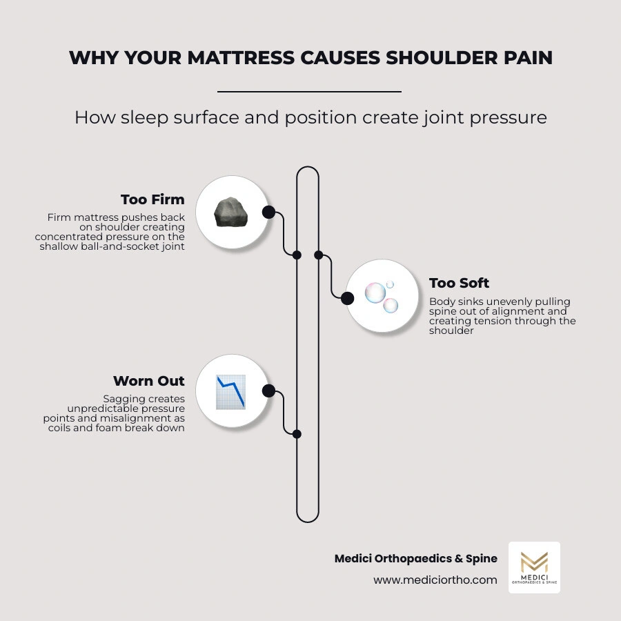 Infographic showing how sleep position and mattress firmness interact to create shoulder joint pressure infographic Infographic showing how sleep position and mattress firmness interact to create shoulder joint pressure infographic