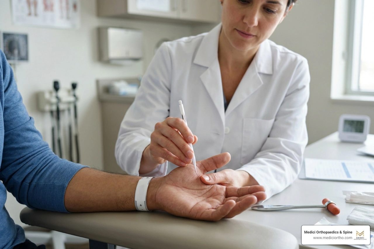doctor conducting neurological sensory examination on hand doctor conducting neurological sensory examination on hand