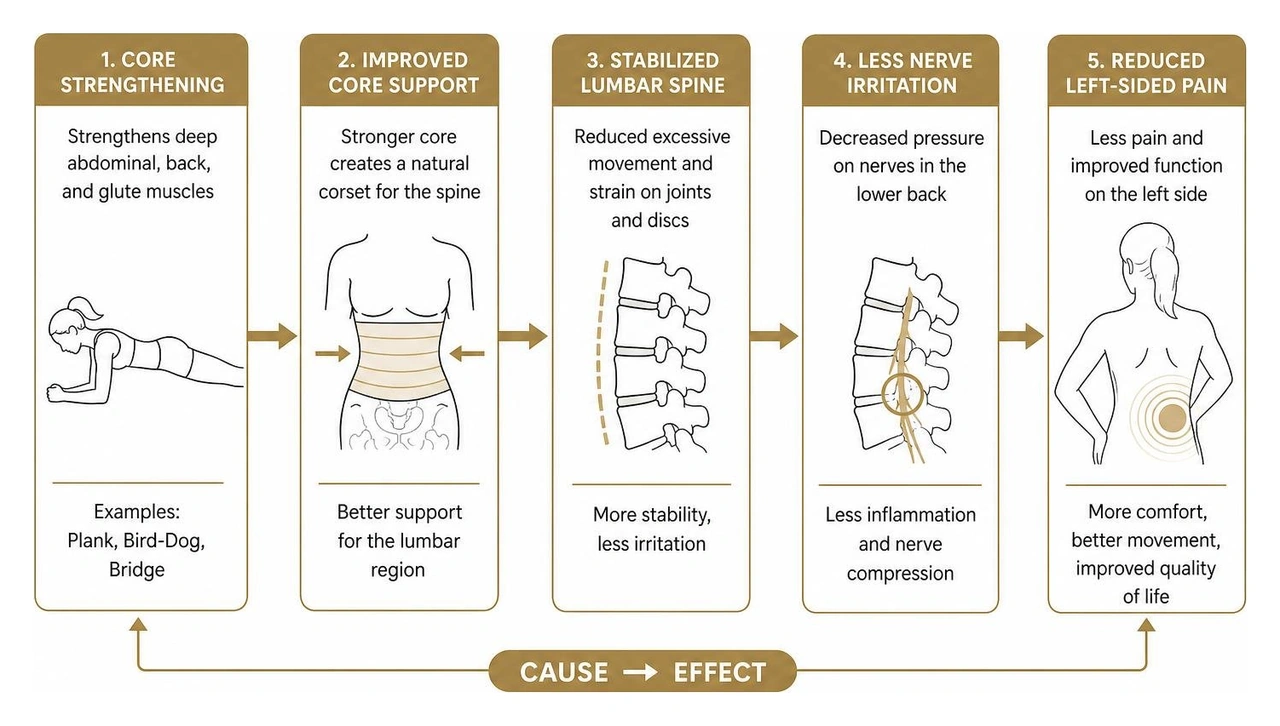 cause and effect diagram showing how core strengthening stabilizes the lumbar spine and reduces left-sided pain
