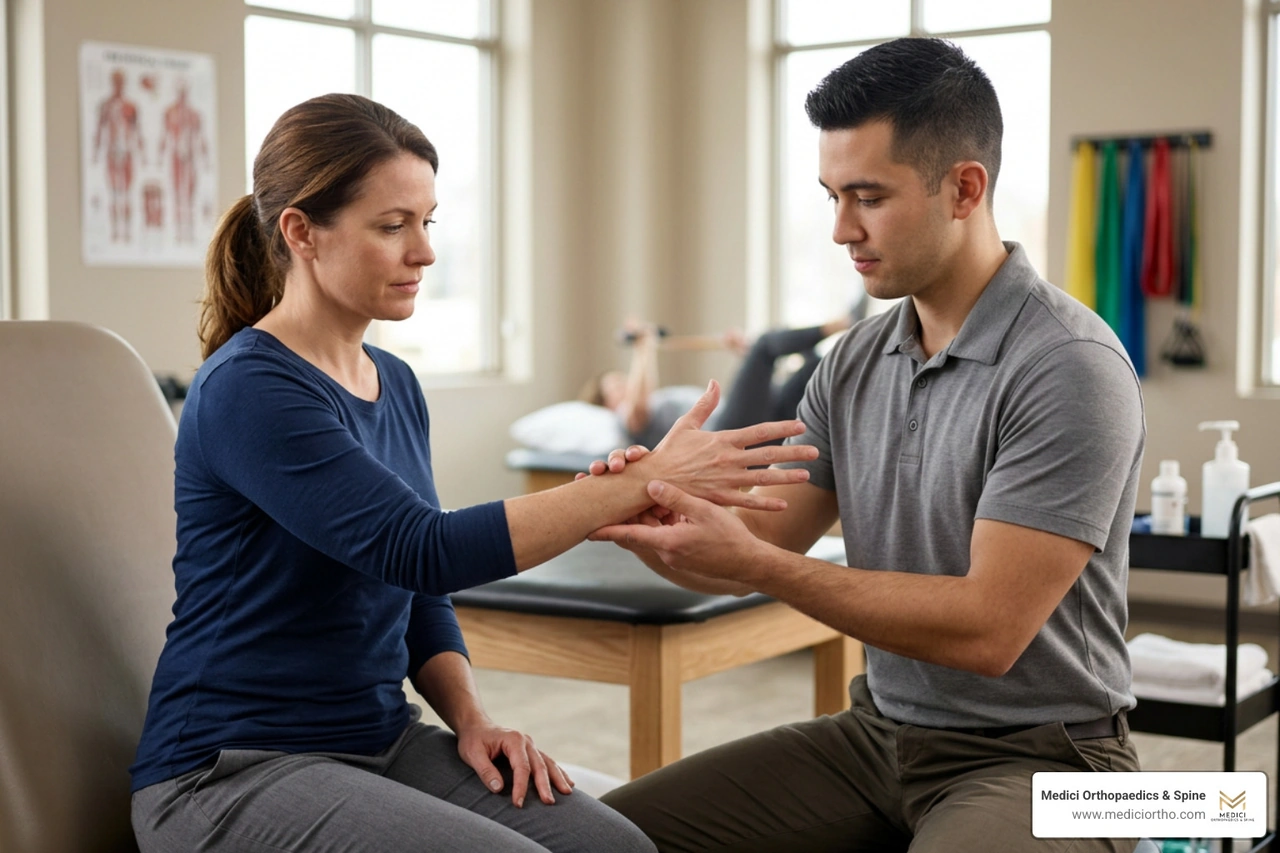 patient undergoing conservative physical therapy for hand and wrist recovery patient undergoing conservative physical therapy for hand and wrist recovery
