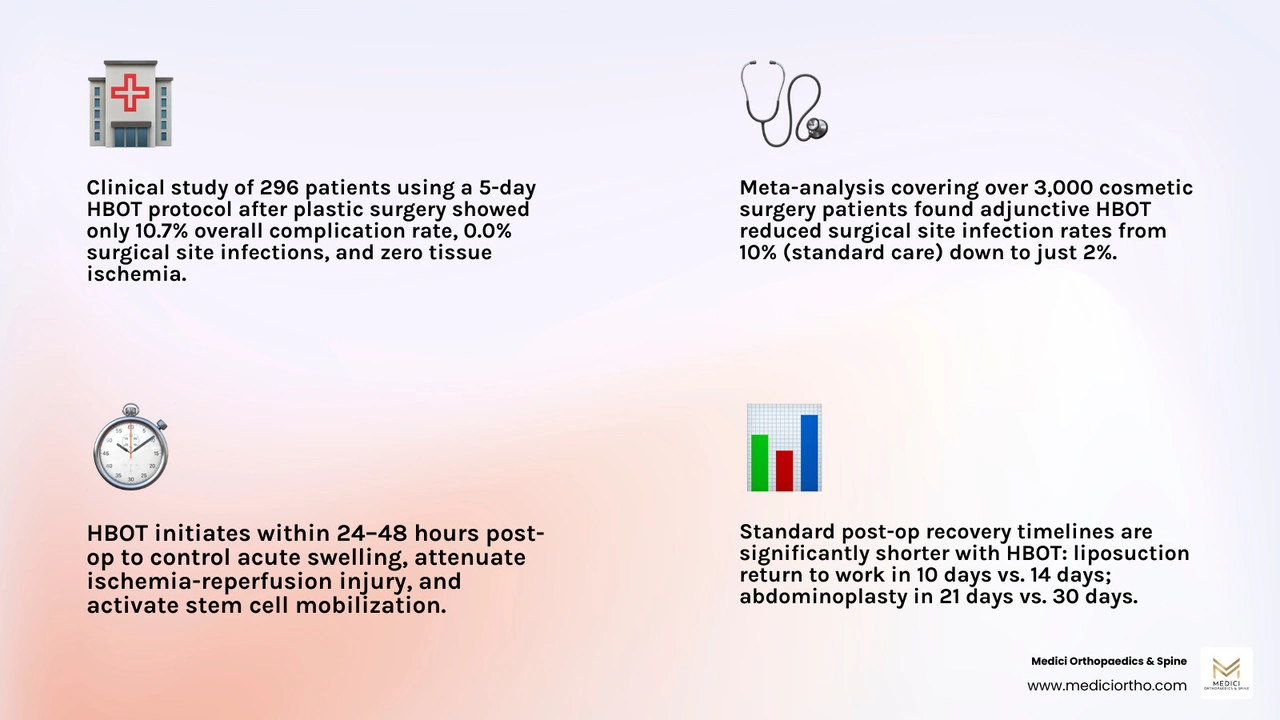 Comparison of recovery timelines between standard postoperative care and HBOT-assisted recovery infographic