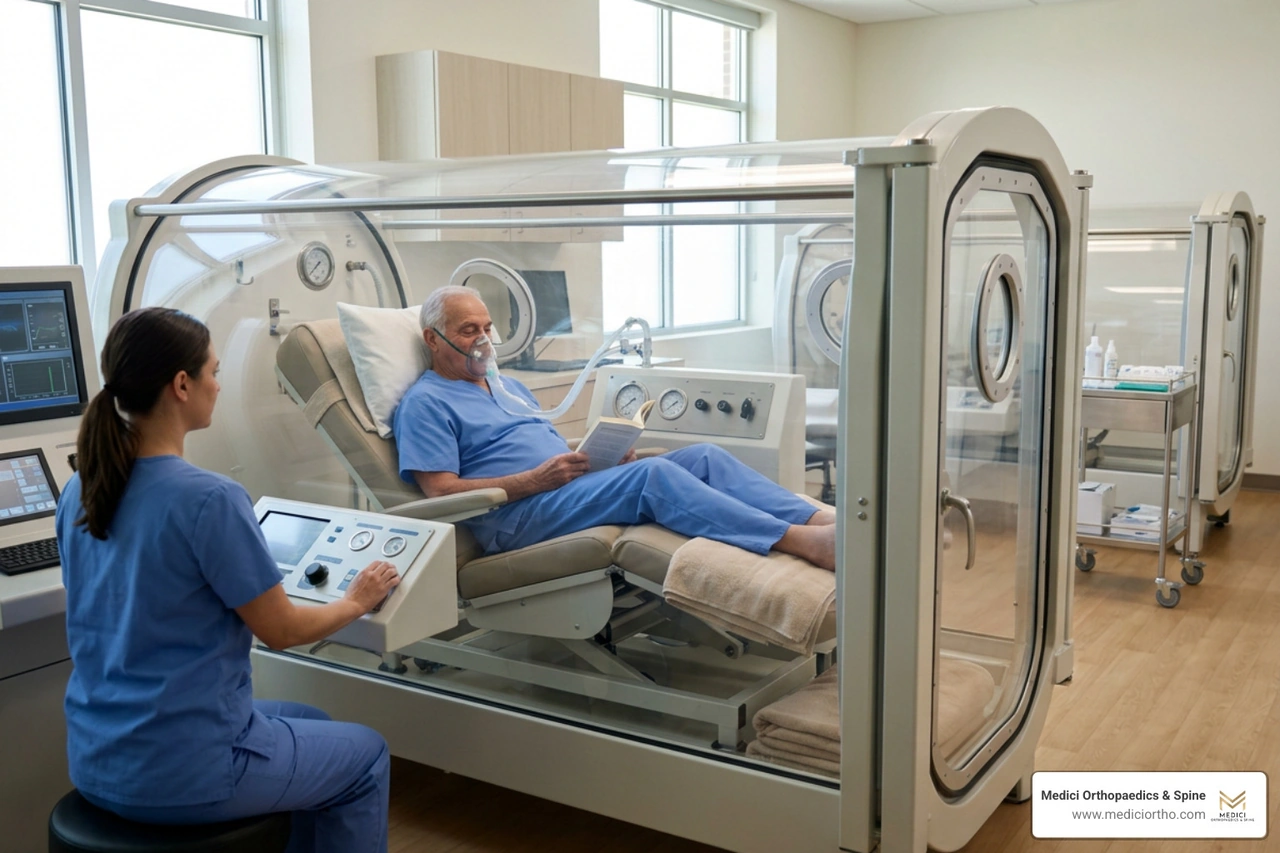Modern hyperbaric oxygen therapy chamber room equipped for comfortable patient recovery sessions