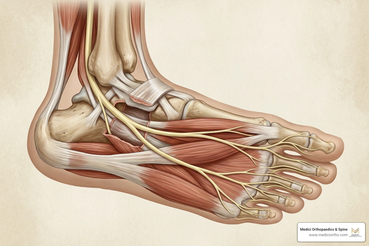 Anatomy of the tarsal tunnel and plantar nerves on the bottom of the foot Anatomy of the tarsal tunnel and plantar nerves on the bottom of the foot