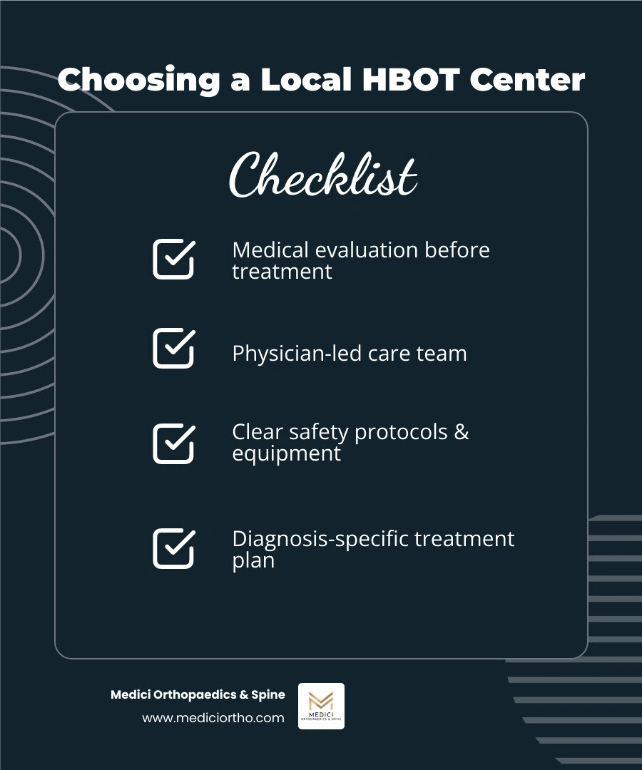 Checklist for choosing local hyperbaric treatment centers infographic