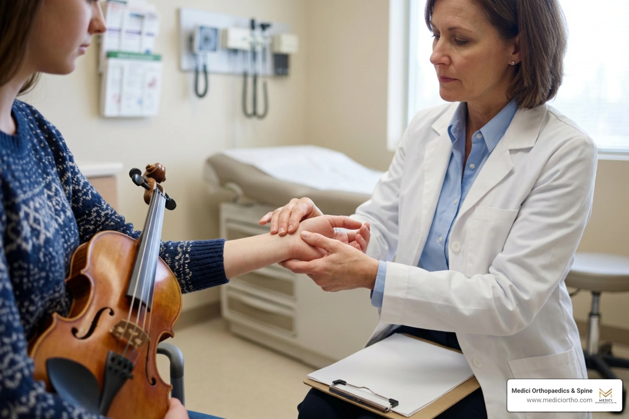 hand specialist examining a violinist's wrist for surgical release considerations hand specialist examining a violinist's wrist for surgical release considerations