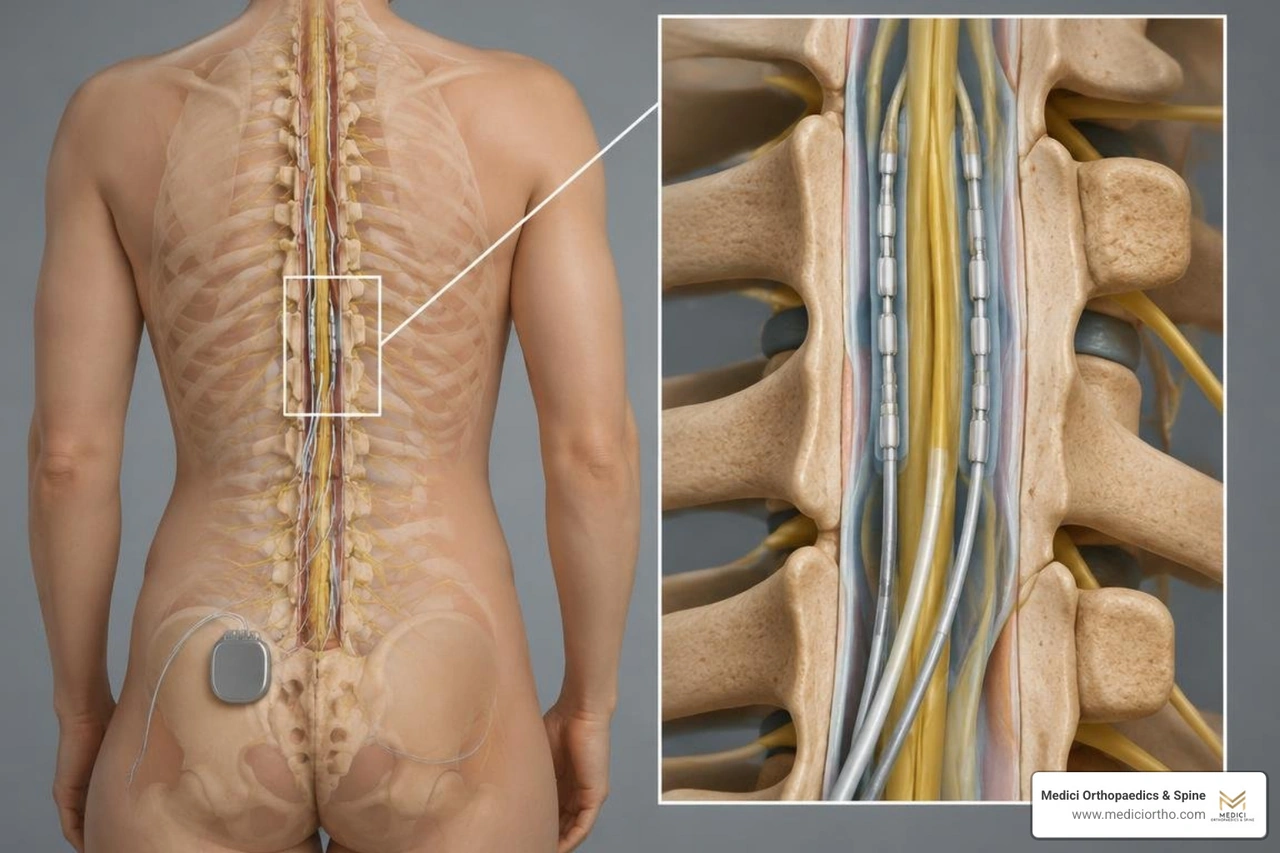 Spinal cord stimulator leads positioned in the epidural space along the thoracic and lumbar spine Spinal cord stimulator leads positioned in the epidural space along the thoracic and lumbar spine