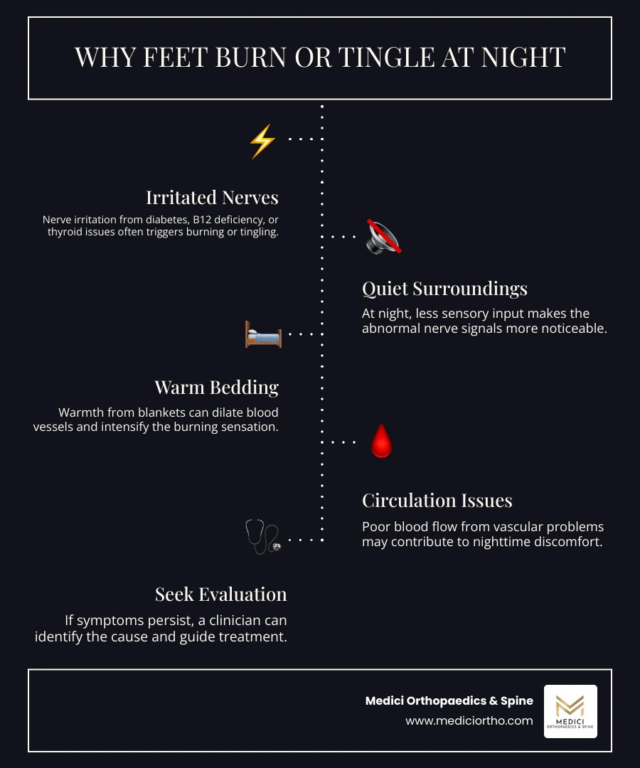 Common causes of nighttime foot burning, why it feels worse in bed, and when to seek care infographic