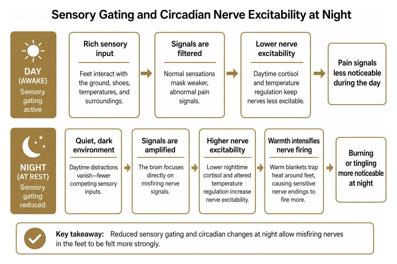 Sensory gating and circadian nerve excitability at night