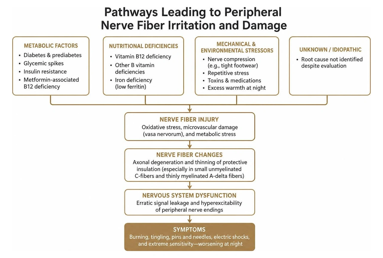 Pathways leading to peripheral nerve fiber irritation and damage