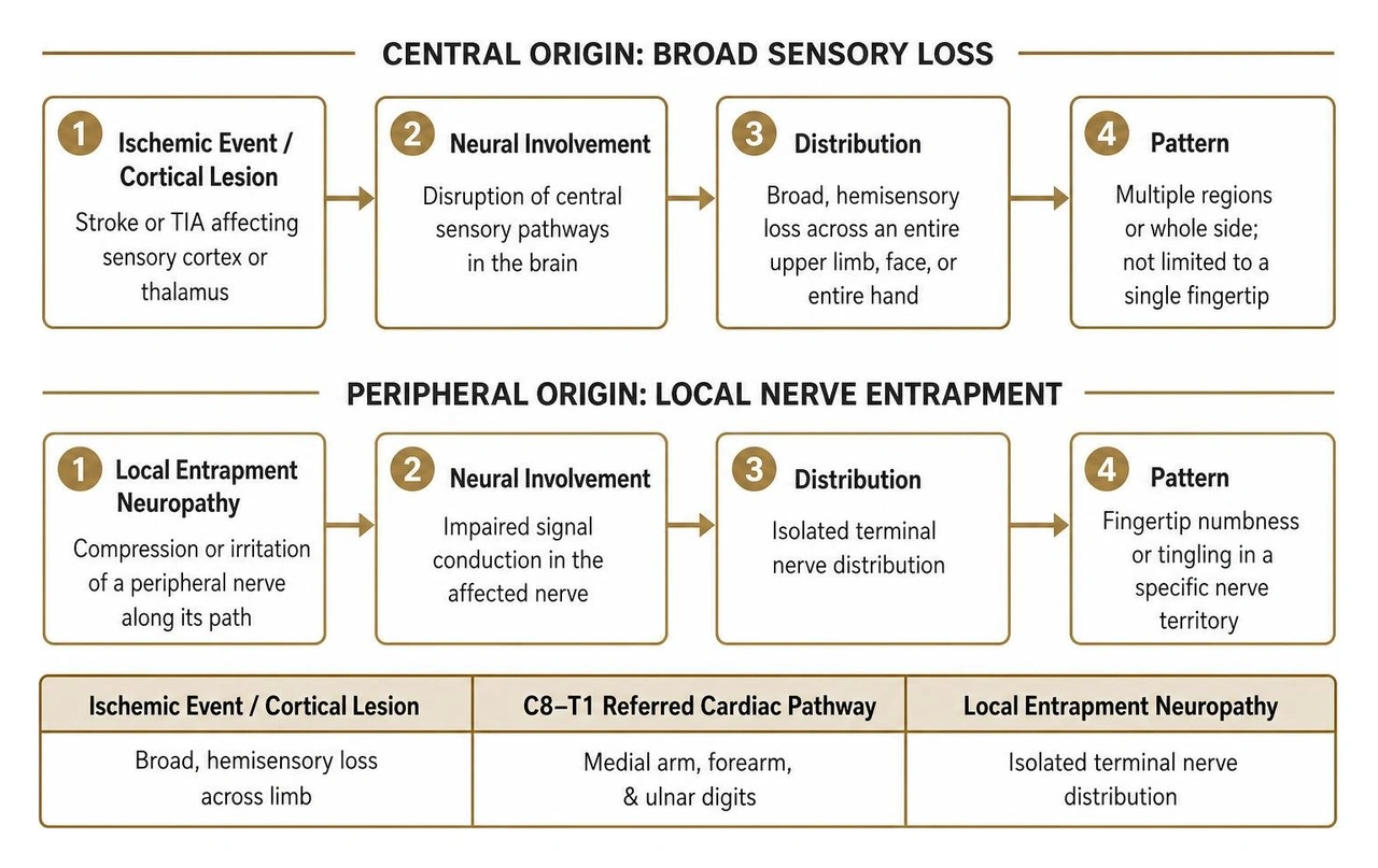 Comparison of broad central sensory loss versus localized nerve entrapment pathways