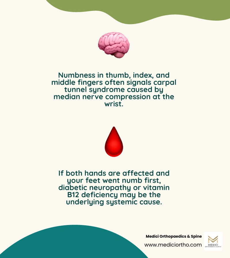 Fingertip numbness clues: affected fingers, foot symptoms, cold triggers, and emergency signs infographic