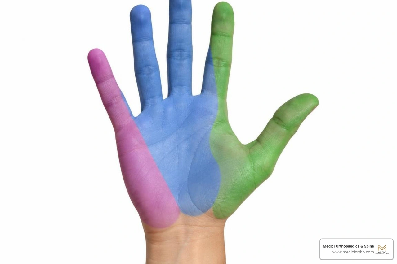 dermatome map showing median ulnar and radial nerve distribution across fingers