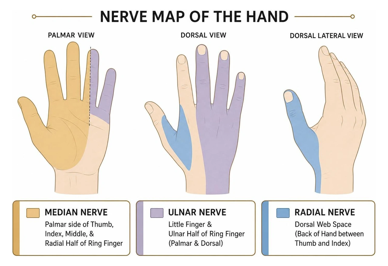 Nerve map illustrating median, ulnar, and radial sensory branches in the hand