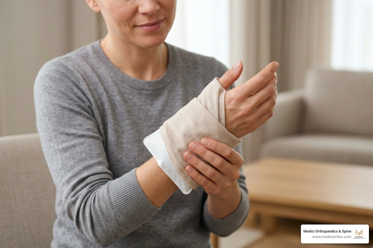 Applying an ice pack to the thumb side of the wrist Applying an ice pack to the thumb side of the wrist